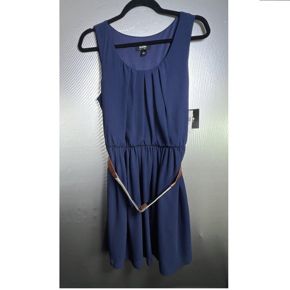 By & By Navy Dress Juniors Large Pleated Front Brown Belt Elastic Waist New